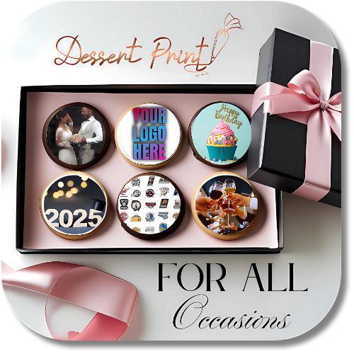 Luxury edible art gifts including custom decorated cookies in a stylish gift box for all occasions